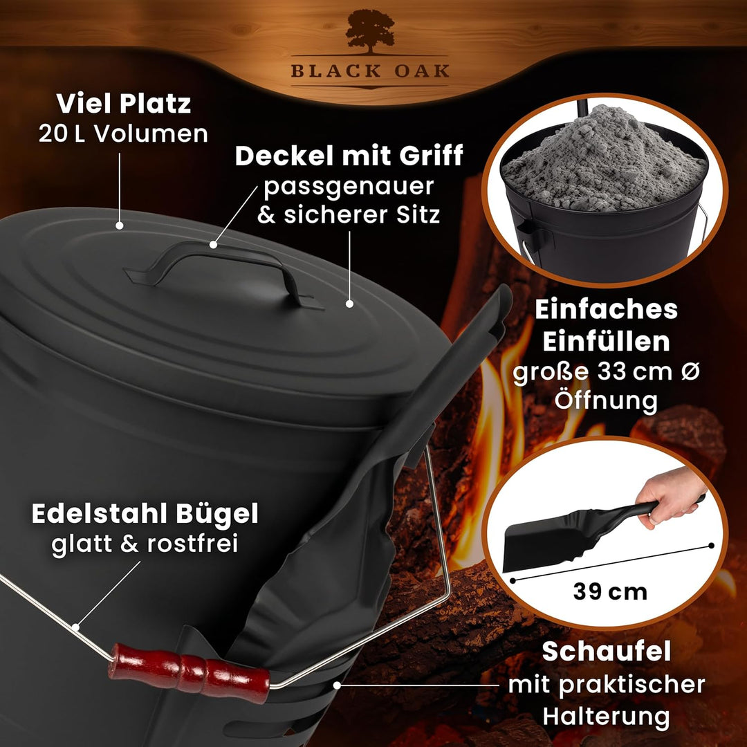 BLACK OAK Ascheeimer Stromboli 20L – schwarz mit Deckel & Schaufel - Bügel Silber - gross 20 Liter S
