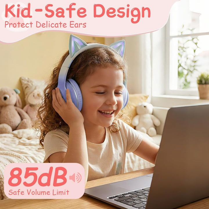 Kinder Bluetooth Kopfhörer, Katzenohr LED Lichter, Bluetooth 5.3 Stereo, Verstellbares Kopfband, 85d