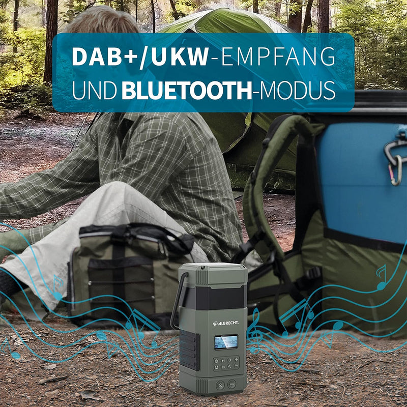 Albrecht DR 114, tragbares DAB+/UKW Outdoor Kurbelradio, 27912, SOS-Notruf, Campinglampe, Taschenlam