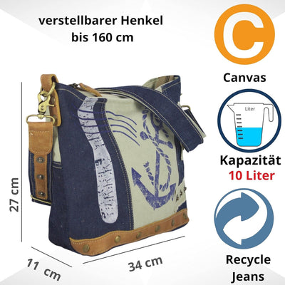 Sunsa Damen Tasche Umhängetasche. kleine Canvas Bag mit Recycelte Jeans und Leder. Vintage Design Ta