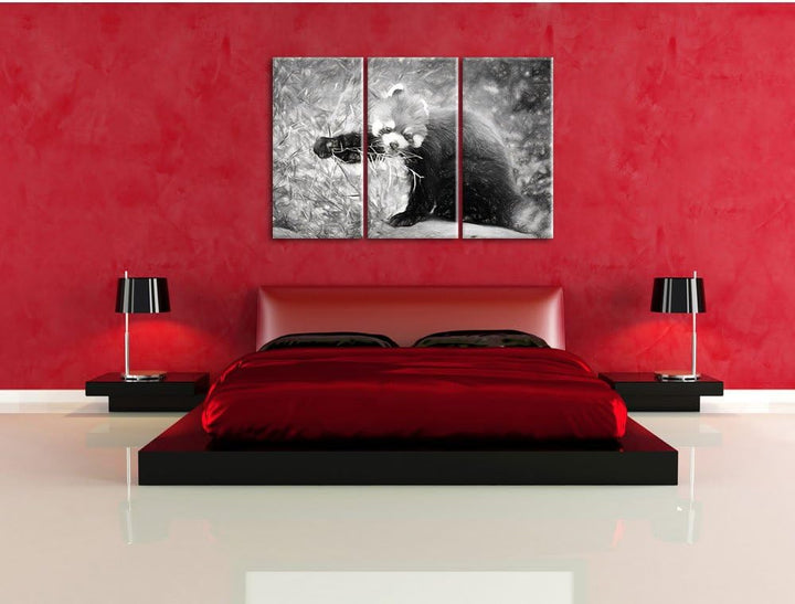 Pixxprint Niedlicher roter Panda Kohle Zeichnung Effekt 3-Teiler Leinwandbild 120x80 Bild auf Leinwa