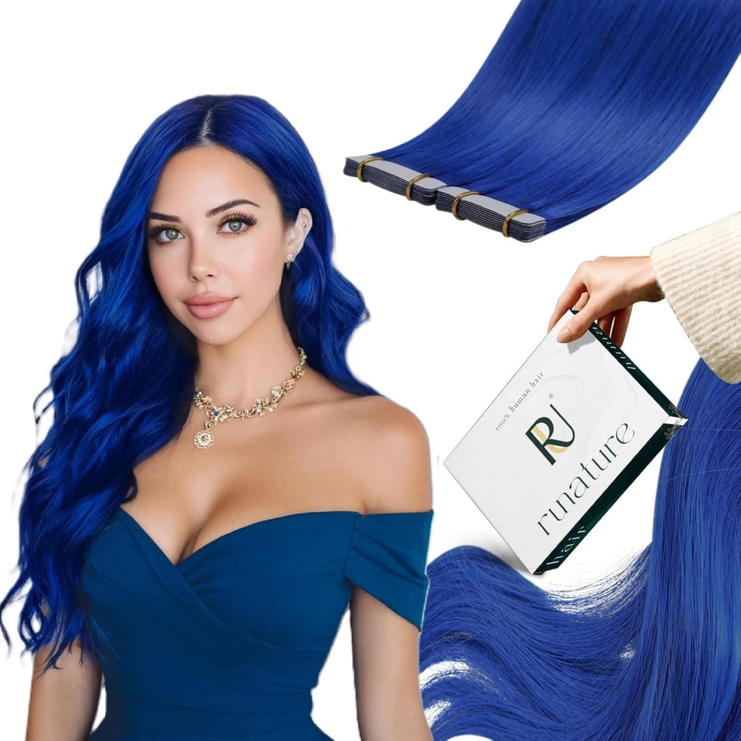 RUNATURE Echthaar Extensions Tape Blau 35cm Echte Haare 10 Stück Unsichtbare Tape Extensions Echthaa
