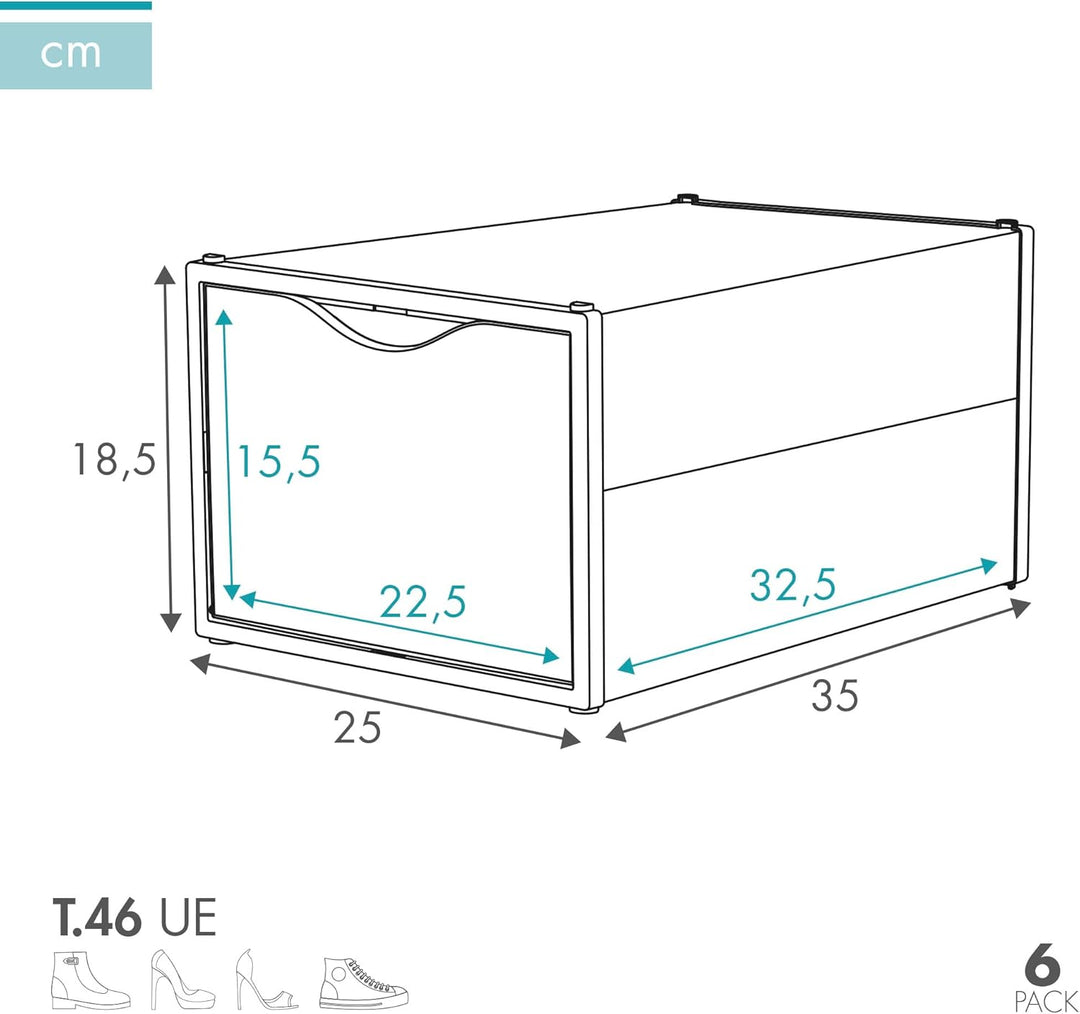 AKTIVE Max Home Schuhkartons aus Kunststoff, 6er-Set Aufbewahrungsboxen, 25 x 35 x 18,5 cm, stapelba