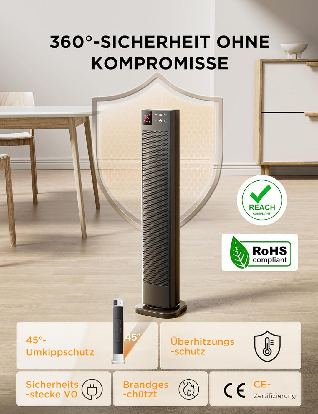 Midea Elektroheizung Keramik 2000W mit Thermostat, 3 Modi 24h-Timer, Überhitzungs- & Kippschutz, Sof