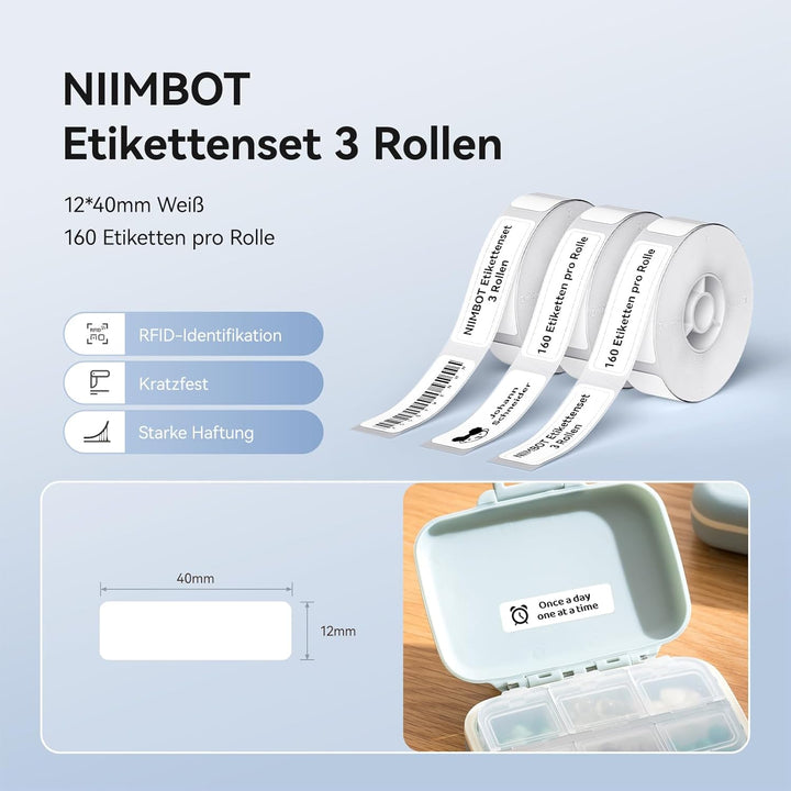 NIIMBOT Etiketten für D110 D11 D101 Etikettendrucker, 12 x 40mm 155 Etiketten/Rolle, 3 Rollen Selbst