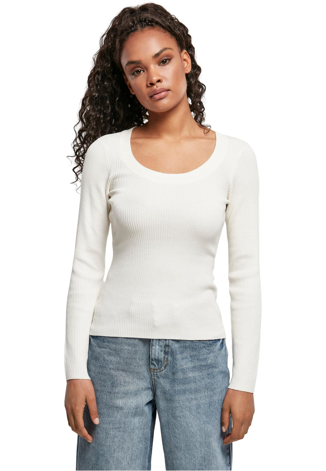 Urban Classics Damen Strickpullover Langarm mit weitem Ripp-Rundhalsausschnitt, leichtes Strick-Swea