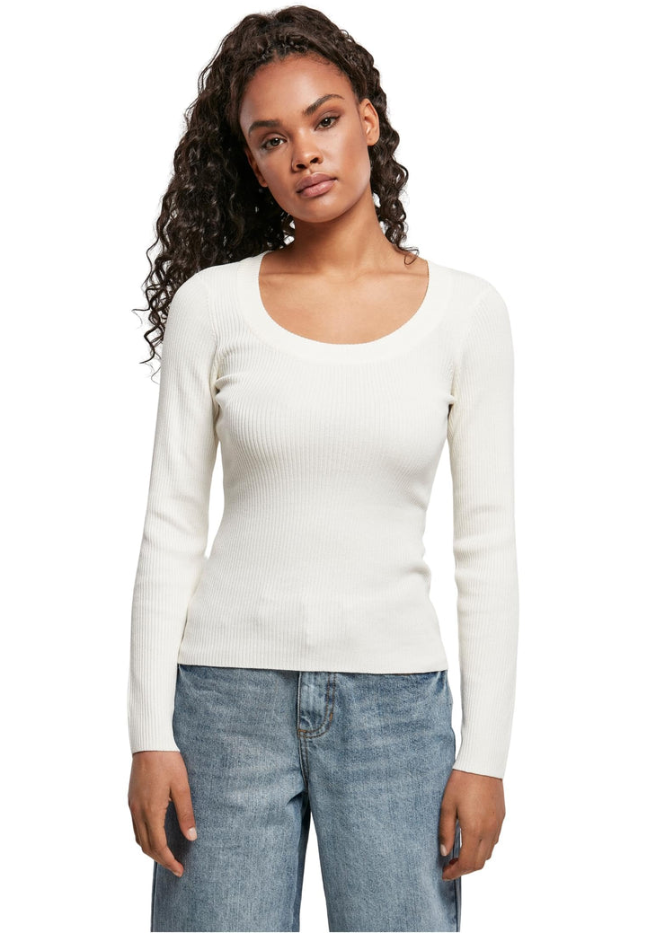 Urban Classics Damen Strickpullover Langarm mit weitem Ripp-Rundhalsausschnitt, leichtes Strick-Swea