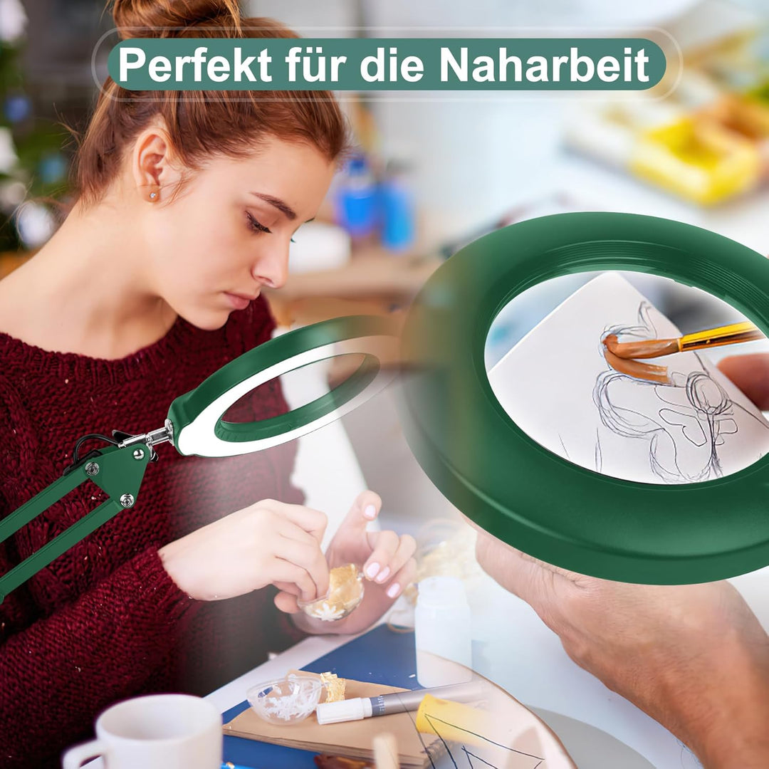 Veemagni 10X Echtes Glas Lupe mit Licht, 5 Farbmodi Stufenlos Dimmbar, Verstellbarer Schwenkarm LED