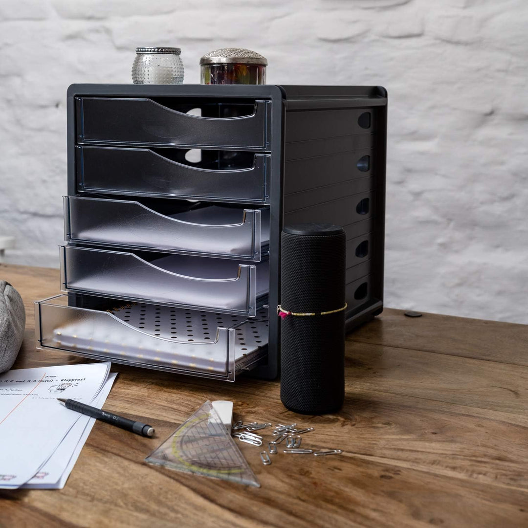 Rotho Spacemaker Schubladenbox / Bürobox mit 5 Schüben, Kunststoff (PS) BPA-frei, transparent/anthra
