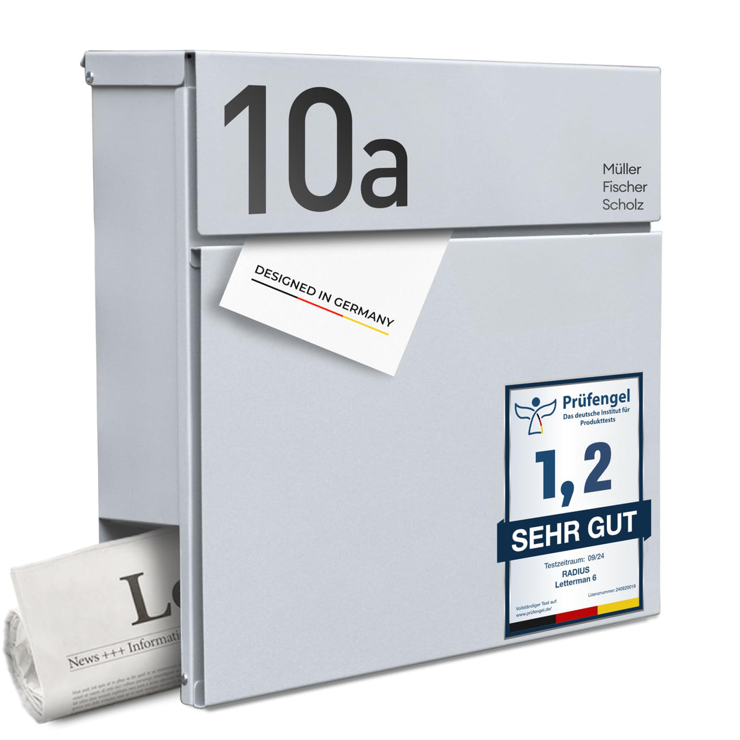 Radius® Designer Briefkasten Edelstahl - Hausnummer & Briefkasten Namensschild personalisiert mit La