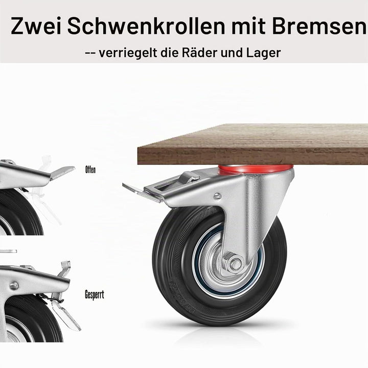 8 Stück Schwerlastrollen 125 mm Lenkrollen Transportrollen mit Feststeller, belastbar bis 400 kg Pal