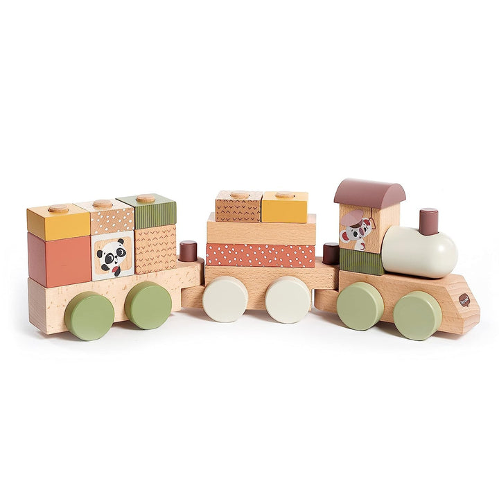 Tiny Love hölzerner Stapelzug, Holzzug Baby, Zug Spielzeug Holz mit 3 Waggons und 14 stapelbaren Spi