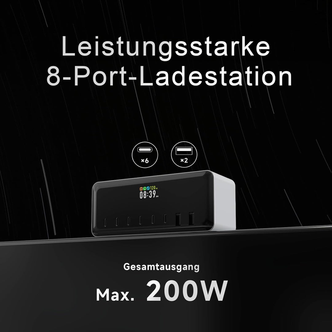 ISDT MASS2 200W USB C Ladegerät,8-Port Schnellladegerät Mehrfach Netzteil mit Weckerfunktion&Zeitges