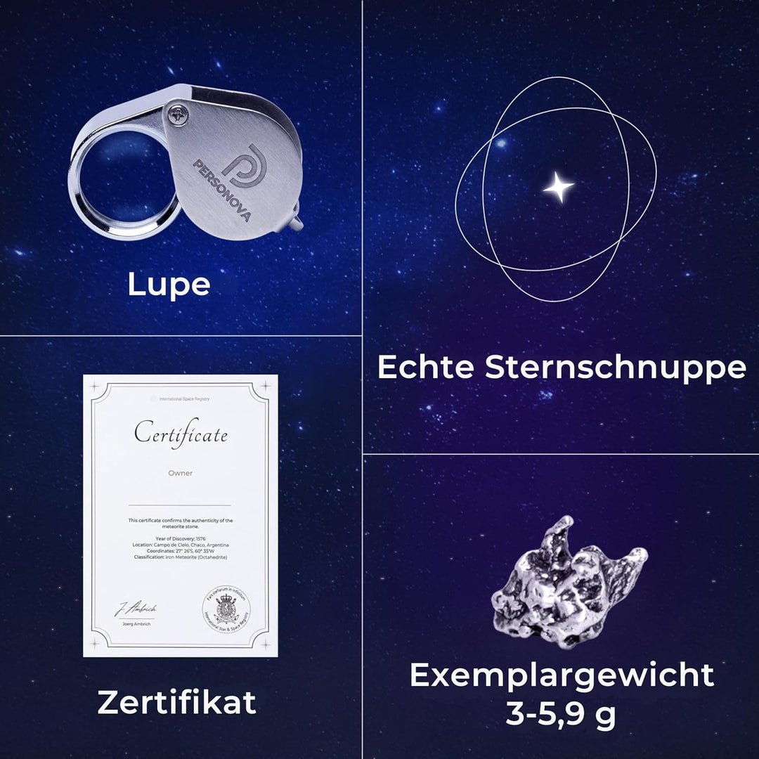 Meteorit Geschenkbox – echter Meteorit (Space Rock) mit Urkunde, Lupe & Displaycase | Sternschnuppe