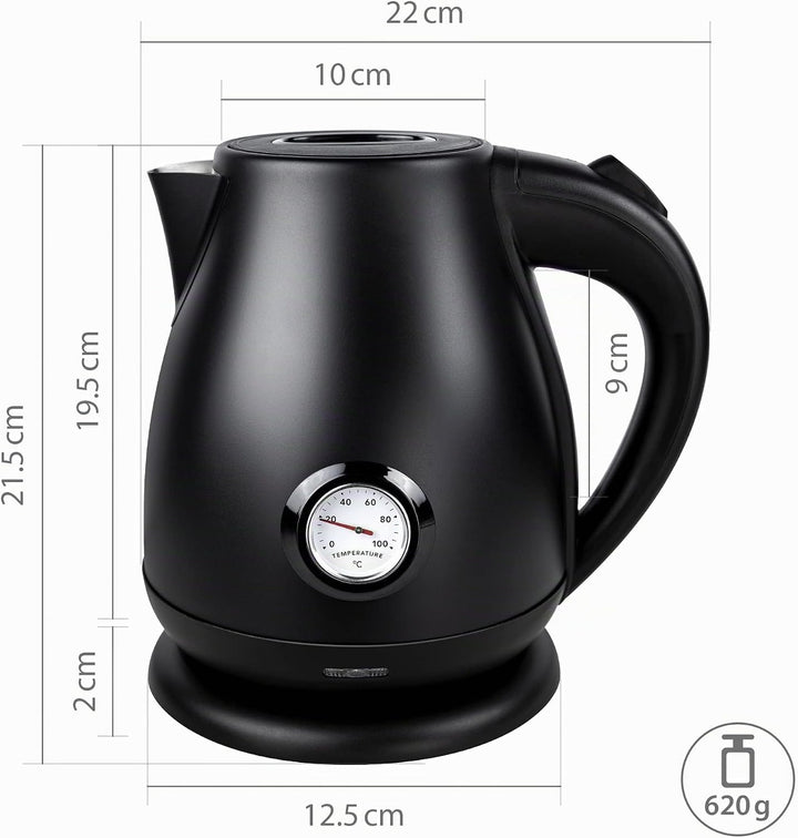 Retro Edelstahl Wasserkocher 1,7 L, Teekocher Retro Vintage, Wasserkessel Matt Schwarz, Kettle, TÜV