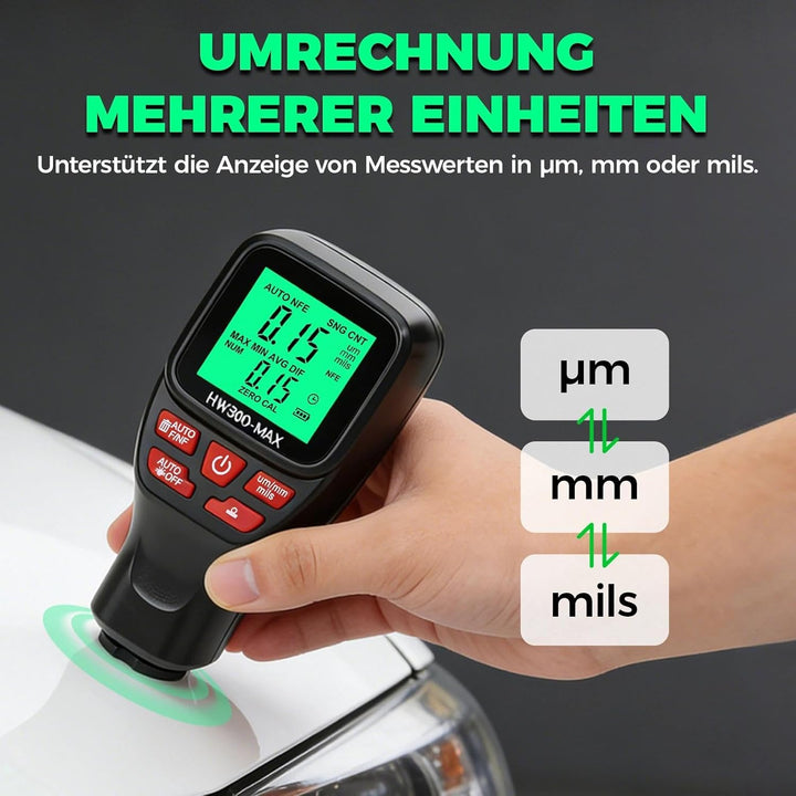 Digitales Lackmessgerät Auto, 0-2000 µm Lackdickenmessgerät für Auto, Einheitenumrechnung (Mikron, M