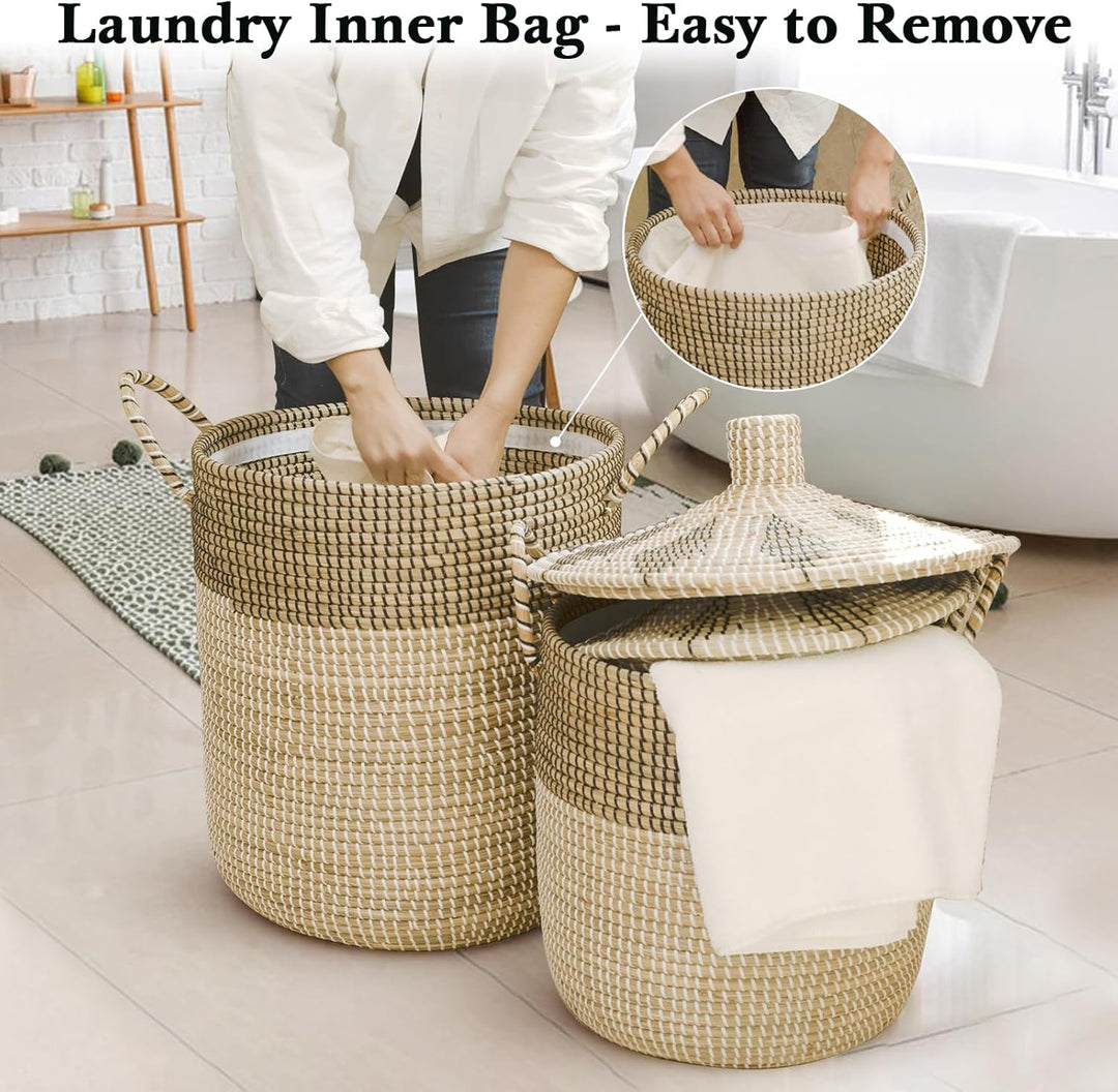 3 Set Wäschekorb Geflochten mit Deckel,Verschiedene Grössen 76L+43L+26L,Korb mit Tasche und Henkeln,