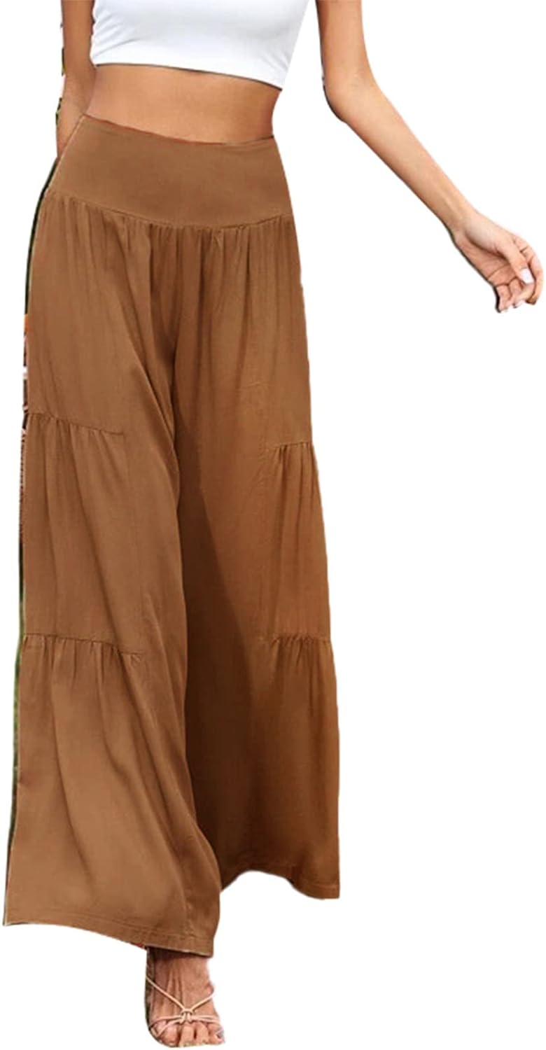 Cocoarm Damen Breites Bein Hose Elastische Hohe Taille Sommerhose Lange Freizeithose Casual Pants (M