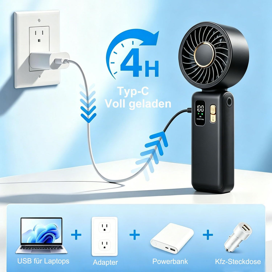 Handventilator Tragbarer, Mini USB Ventilator Akku-Aufladbar 6000mAh mit 100 Stufen, 180° Faltbarer