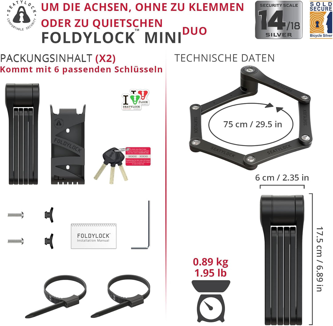 FoldyLock Mini-Klappschlösser – Set mit 2 passenden Fahrradschlössern mit 6 identischen Schlüsseln –