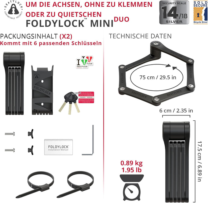 FoldyLock Mini-Klappschlösser – Set mit 2 passenden Fahrradschlössern mit 6 identischen Schlüsseln –