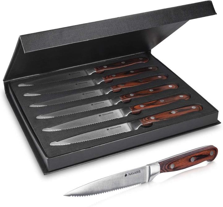 Navaris 6x Steakmesser Set mit Holzgriff - Besteck Messer 6-teilig - Besteckset aus Edelstahl und Ho