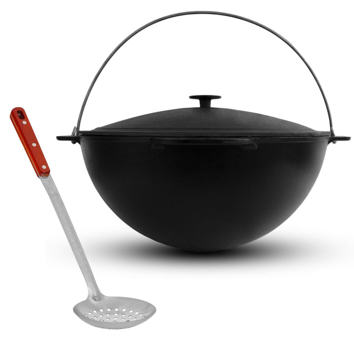 4BIG.fun Schwenktopf Kazan 15 L Camping Gusseisen mit Bügel und Deckel + Schaumkelle Bräter Tatarski