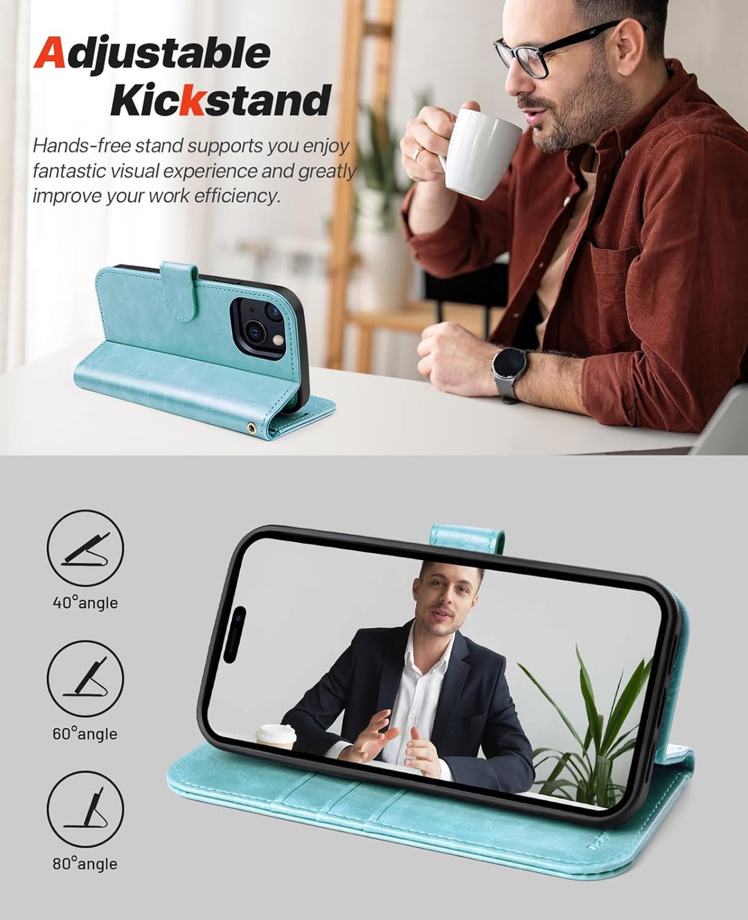 OCASE iPhone 15 Plus Hülle(2in1) Leder Stossfestes Case [Abnehmbare magnetische Hülle] [Kabelloses L