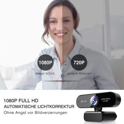 EMEET Webcam 1080P - NOVA Webcam mit Autofokus, Full HD Webcam mit 96° Weitwinkel und 2 Mikrofon mit