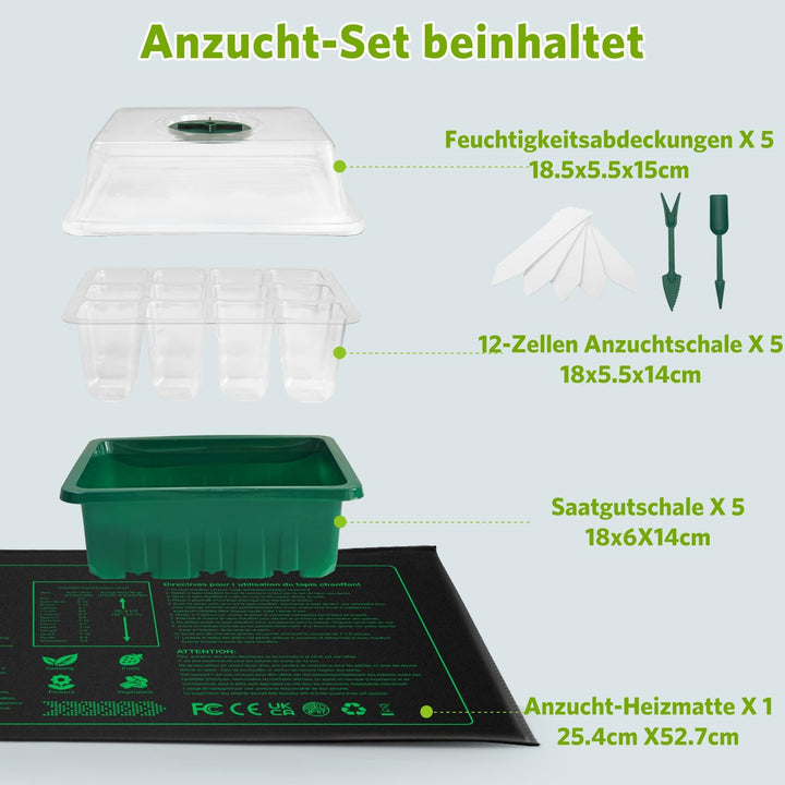 NAMOTEK Anzucht-Station 5-TLG. inkl. Wärmematte &amp; Abdeckhauben – 60 Zellen, Beheizter Vermehrungs-Ka