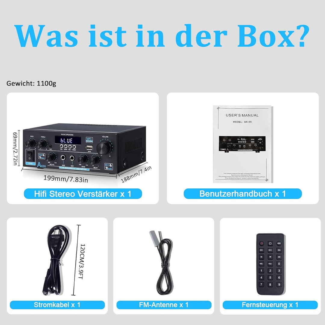 HiFi Audio Verstärker- WOOPKER AK55 Mini Bluetooth Amplifier Receiver 12V/ 220V 600W, 2 Kanäle Verst