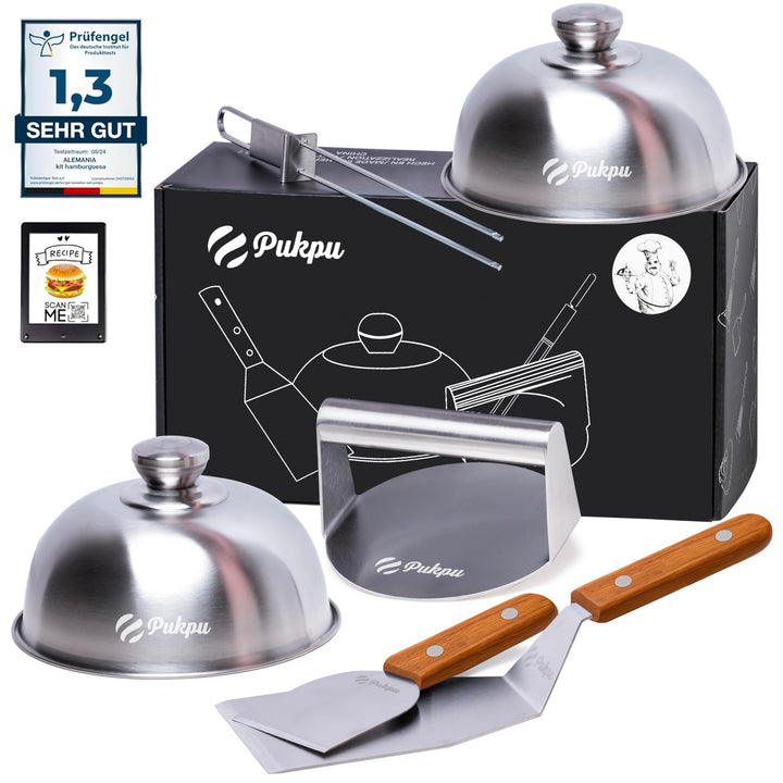 Pukpu - Smash Burger Set - Inkl. Burgerpresse, 2 Grillspachtel, 2 Burgerglocke und Grillspiesse - Sm