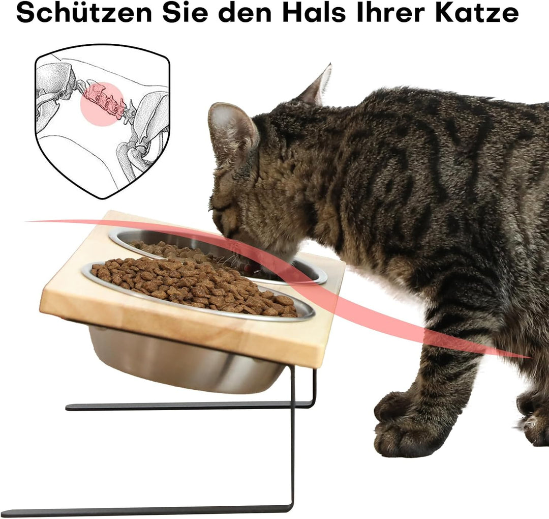 FUKUAMRU Katzennapf Erhöht, Rutschfester Fressnapf aus Edelstahl in Lebensmittelqualität & Gummiholz