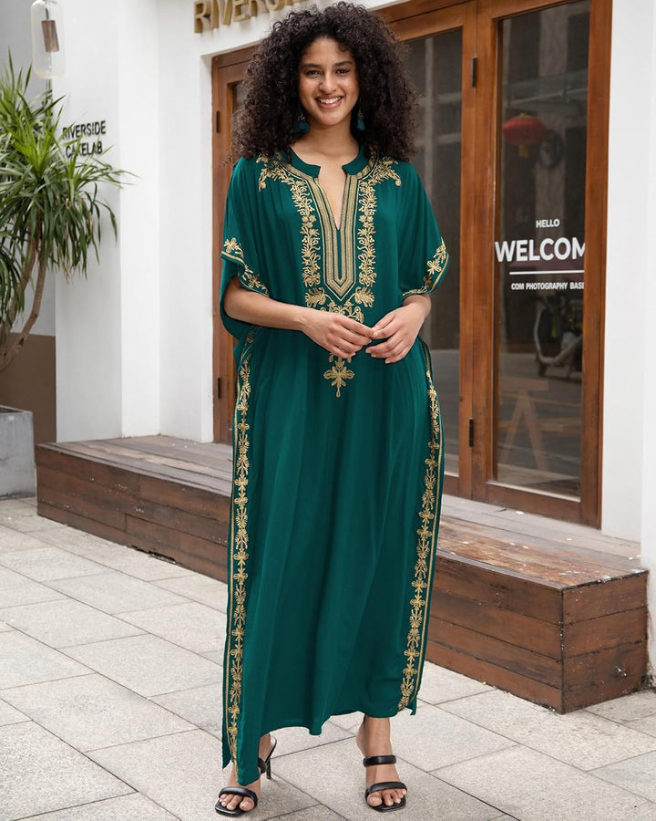 Bsubseach Damen Stickerei Kurzarm Bikini Strandkleid Side Split Beach Kaftan Kleid, S-Dunkelgrü
