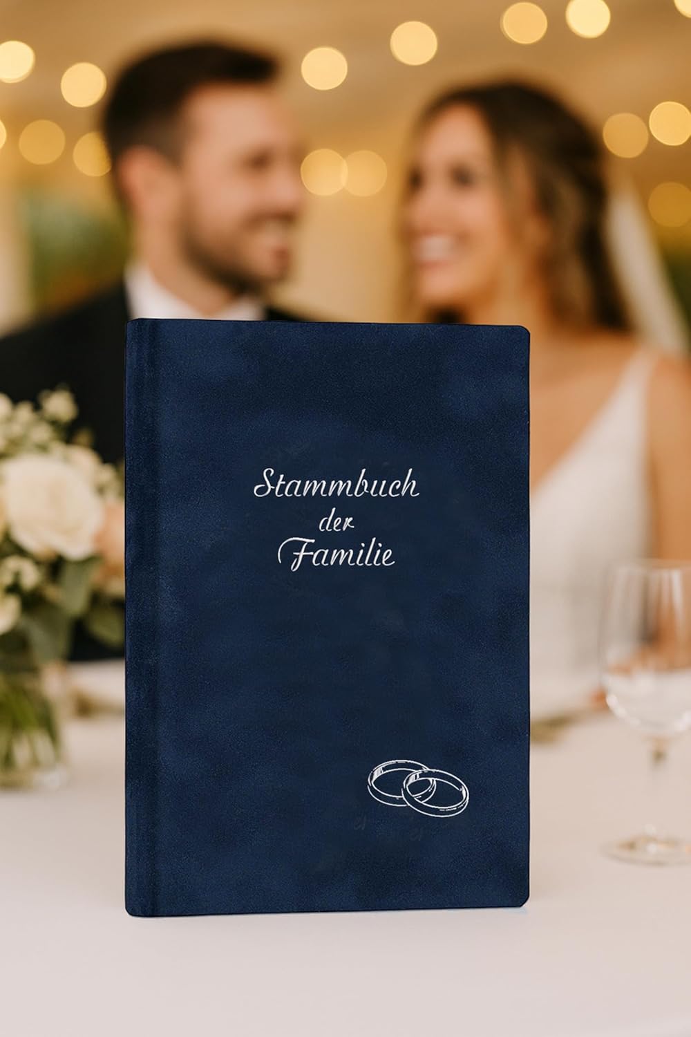 Stammbuch Ringe, blau, Velours, Prägung Silber, Stammbuchformat