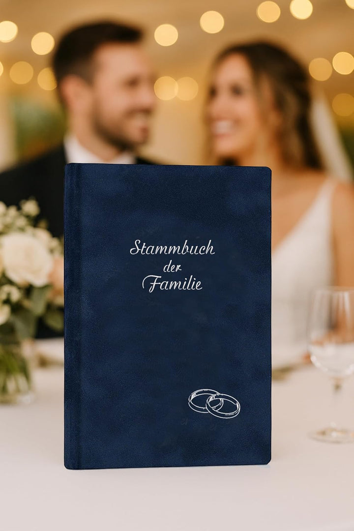 Stammbuch Ringe, blau, Velours, Prägung Silber, Stammbuchformat