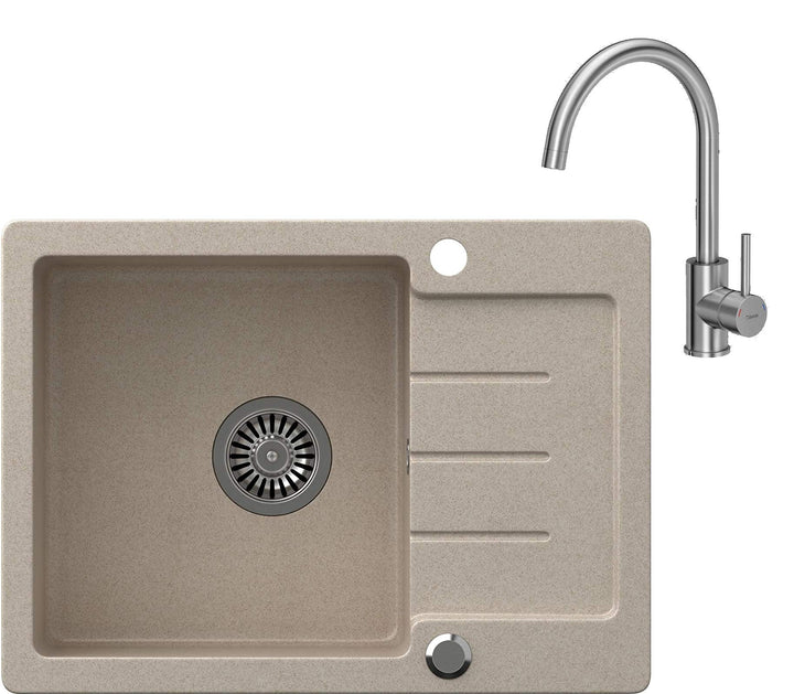 VBChome Spülbecken Beige Granit 60 x 44 cm Einzelbecken Einbauspüle gesprenkelt reversibel Verbundsp