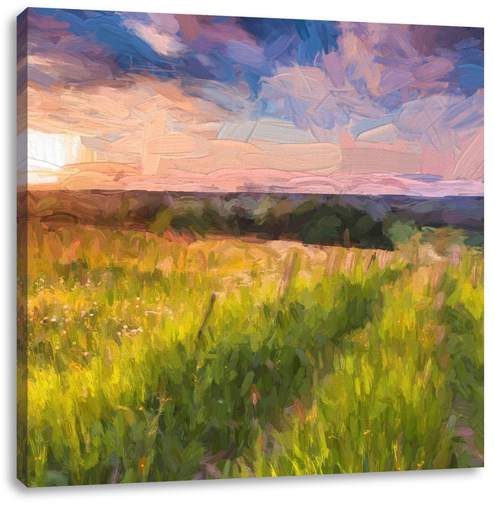 Pixxprint Bergwiese im Sonnenaufgang als Leinwandbild | Grösse: 70x70 cm | Wandbild | Kunstdruck | f