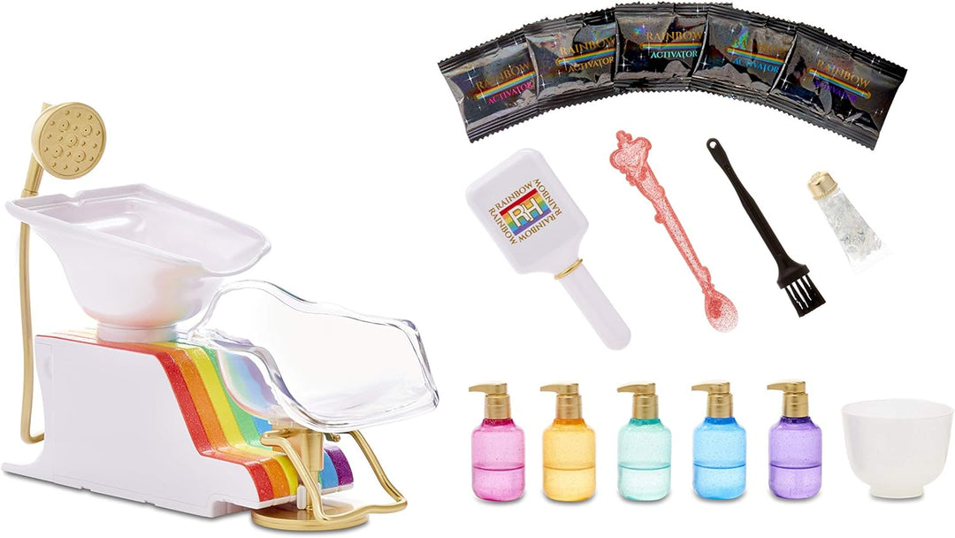Rainbow High 567448E7C Salon Playset, Frisörsalon mit Salon-Stuhl mit Wasserfunktion und über 20 wei