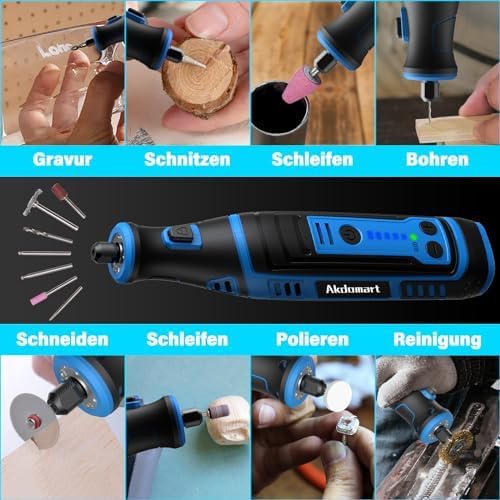 Multifunktionswerkzeug Akku, 8V 2.0Ah Rotationswerkzeug mit LED-Licht, 5-Gang 30000 U/min Max, 135 M