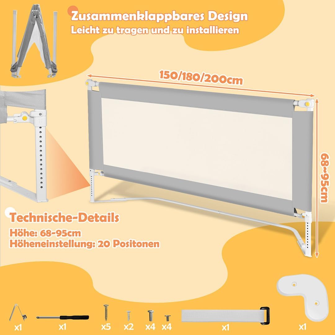Bettgitter für Kinder, Bettschutzgitter, höhenverstellbar (68 – 95 cm), Bettgitter Gegen Stürze, Sta
