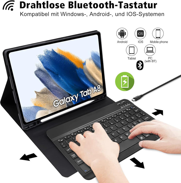 Samsung Galaxy Tab A8 Hülle mit Tastatur, QWERTZ Deutsches Layout Bluetooth Tastatur mit Stifthalter