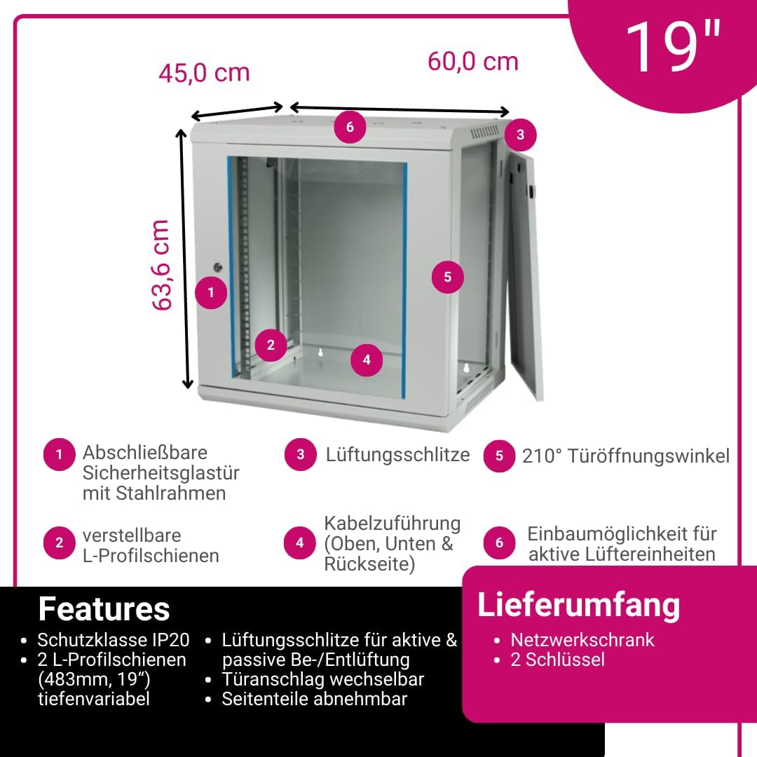 Koscom Connect Netzwerkschrank 12 HE I Serverschrank 19 Zoll I Wandmontage 600 x 450 x 636 mm I voll