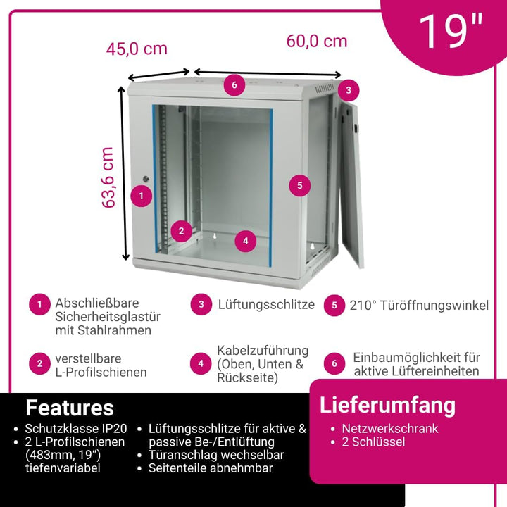 Koscom Connect Netzwerkschrank 12 HE I Serverschrank 19 Zoll I Wandmontage 600 x 450 x 636 mm I voll