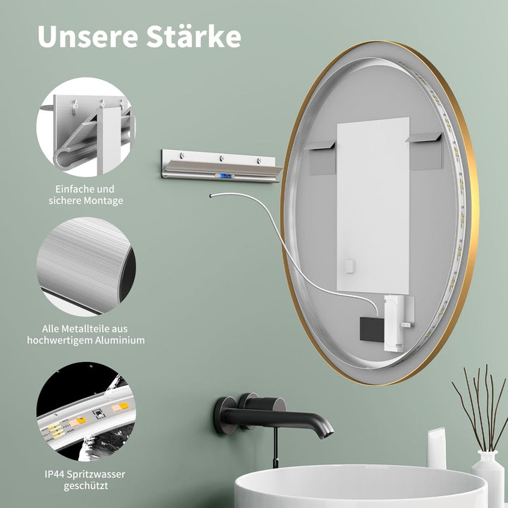 HOKO LED Badspiegel Beschlagfrei rund 80 cm Stockholm mit Metall Rahmen Gold. Runder Wandspiegel Ene