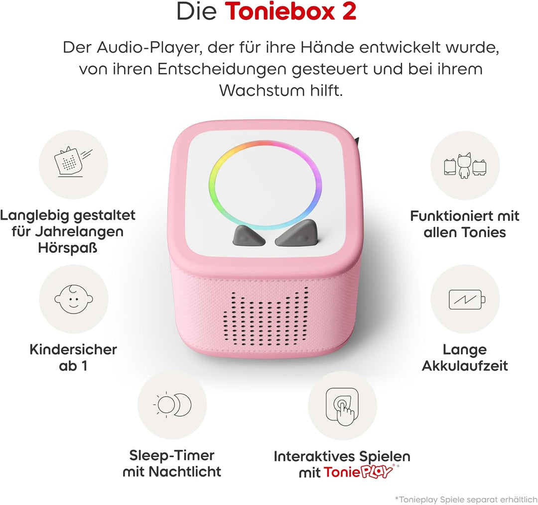 tonies Toniebox 2 Bundle Incl. 4 Peppa Pig Abenteuer und Gute Nacht Geschichten, Pink, Audioplayer f