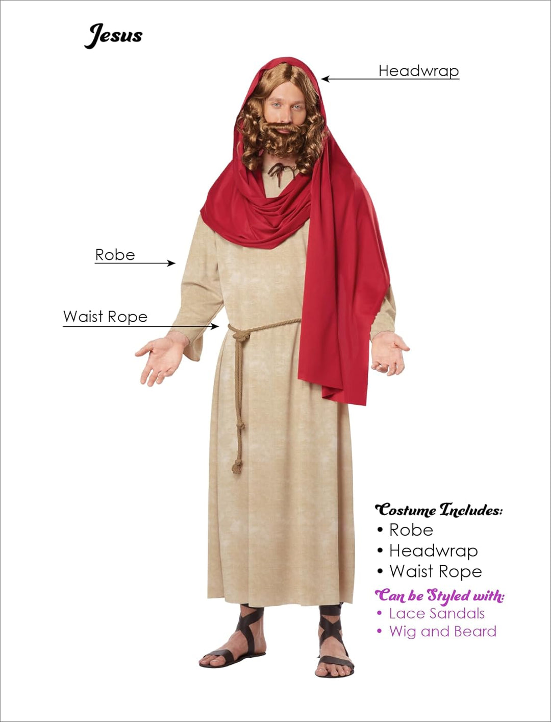 California Costumes Jesus Christus Kostüm für Erwachsene, Rot, Natur, M M Tan/Rot, M Tan/Rot