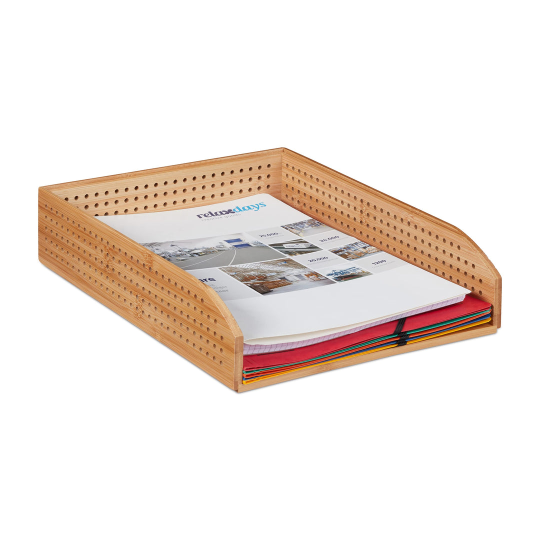 2 x Dokumentenablage Bambus, perforiert, stapelbar, A4, Schreibtischablage, Büro, Ablage HBT: ca 7 x
