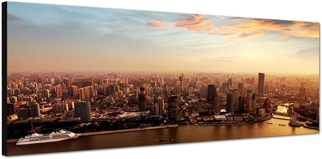 Paul Sinus Art Panoramabild auf Leinwand und Keilrahmen 150x50cm Shanghai Skyline Sonnenuntergang Wo