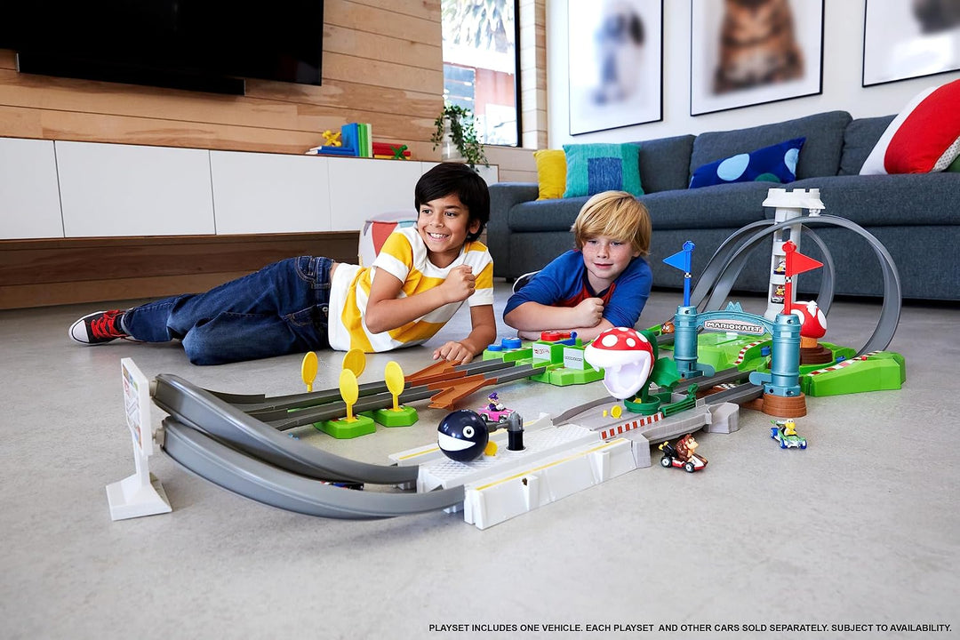 Hot Wheels HFY15 - Mario Kart Mario Rundkurs Rennbahn Trackset Deluxe Inkl. 2 Spielzeugautos, Spielz